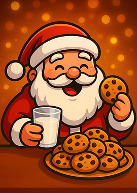Cartoon Santa with Cookies and Milk