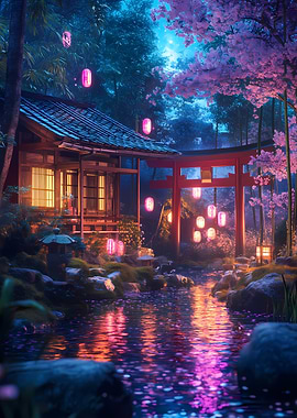 Japanese Garden at Night with Torii Gate