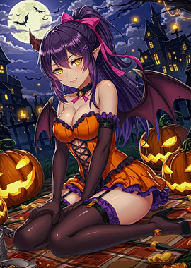 Halloween Anime Girl with Pumpkins