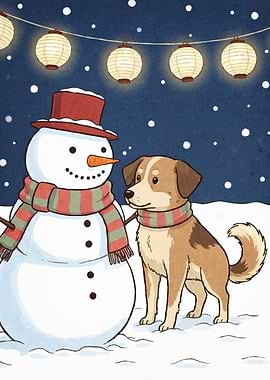 Snowman Dog Winter Scene