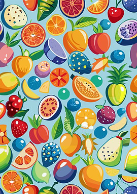 Colorful Fruit Pattern on Blue Background