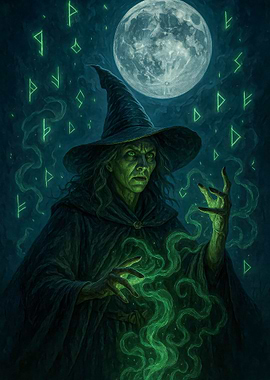 Witch casting spell under full moon