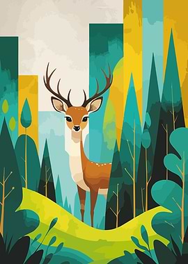 Geometric Deer in Forest Illustration