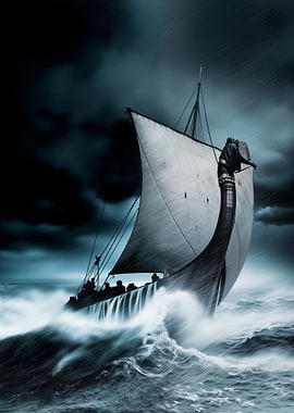 Viking ship sailing stormy seas