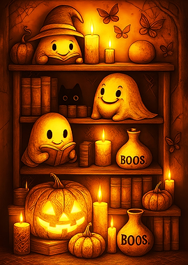 Halloween bookshelf with cute ghosts and pumpkins