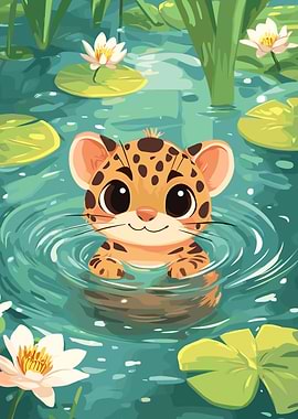 Cute Cartoon Jaguar in Pond