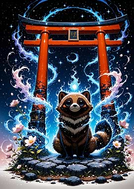 Tanuki at Torii Gate with Cherry Blossom Sakura Japan