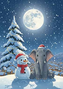 Elephant and Snowman Christmas Scene