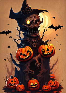 Halloween Scarecrow with Pumpkins and Bats