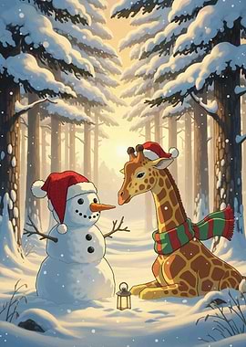 Giraffe and Snowman in Winter Forest