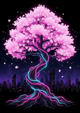 Japanese Aesthetes Neon Cherry Blossom Tree Cityscape