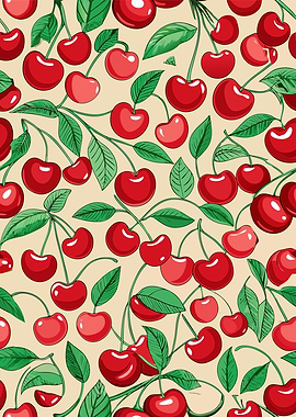 Cherry Pattern with Green Leaves