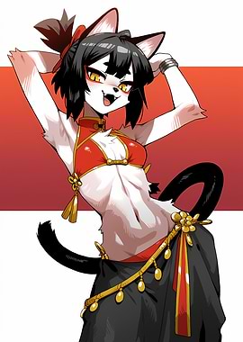Anime Catgirl in Red and Black Outfit