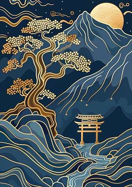 Japanese Landscape with Bonsai Tree and Torii