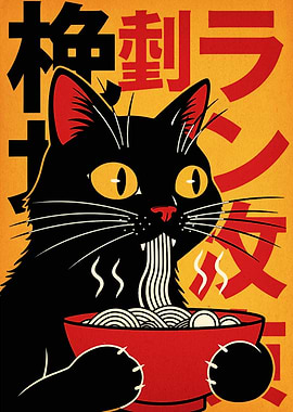 Black Cat Eating Ramen Illustration