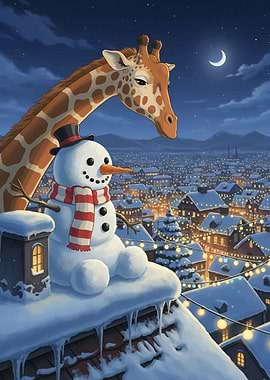 Giraffe and Snowman Overlooking Winter Town