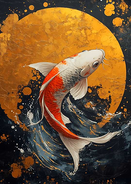 Koi Fish and Golden Moon Art