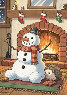Cozy Christmas Scene with Snowman and Hedgehog