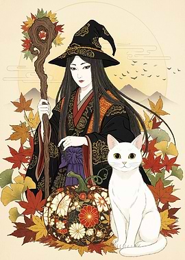 Asian Witch Cat and Pumpkin