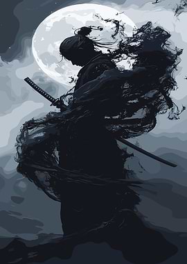 Samurai Silhouette Under Moonlight