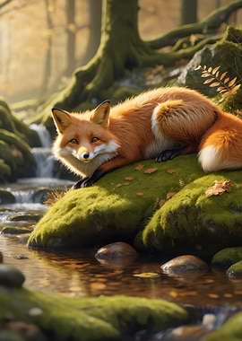 Resting Red Fox on Mossy Rocks — Cozy Autumn Forest Illustration