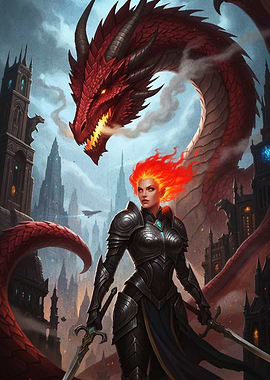 Dragon Rider in Fantasy Cityscape
