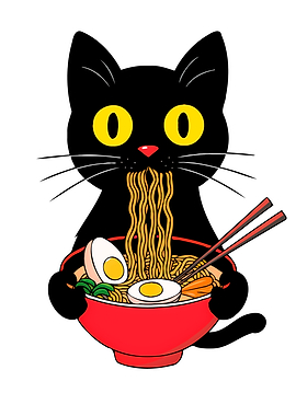 Black Cat Eating Ramen. Funny Kawaii Japanese Style