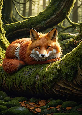 Resting Red Fox on a Mossy Log — Cute Forest Animal Illustration