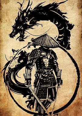 Samurai and Dragon Black Ink Illustration