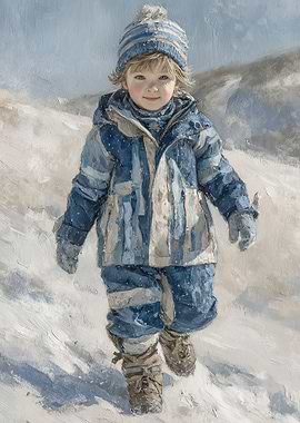 Child in Winter Snowscape Painting