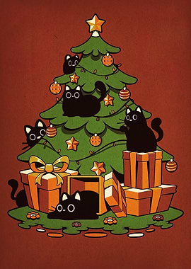 Christmas Cats and Tree Illustration