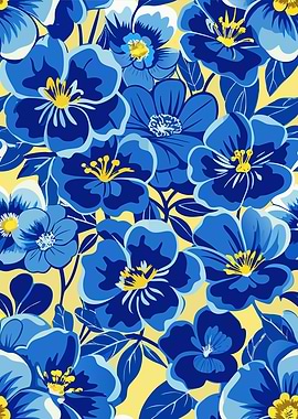 Blue Floral Pattern on Yellow Background