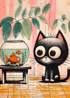 Cartoon Cat with Goldfish Bowl