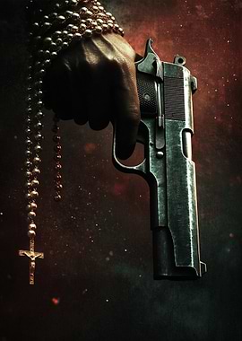 Hand with Gun and Rosary Beads