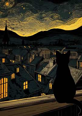 Cat Silhouette Overlooking City at Night