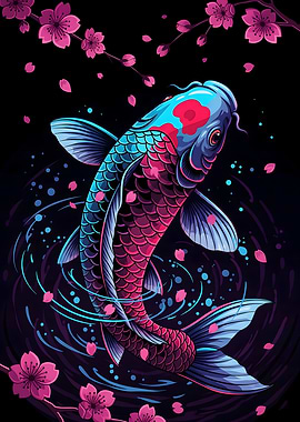 Japanese Aesthetics – Neon Koi Fish and Cherry Blossoms Art