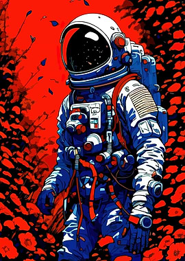 Astronaut in Red Floral Landscape