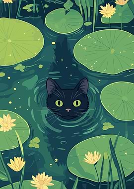 Black Cat in Lily Pond Illustration