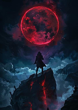 Wizard on a Cliff Under Red Moon