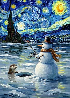 Starry Night Snowman Fishing