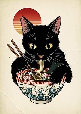 Black Cat Eating Ramen Illustration