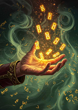 Hand with Runes and Magical Halloween Symbols