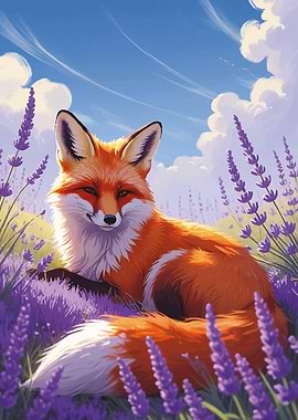Fox in Lavender Field Illustration