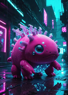 Neon Axolotl — Cute Pink Bioluminescent Creature in a Cyberpunk Rainy Street