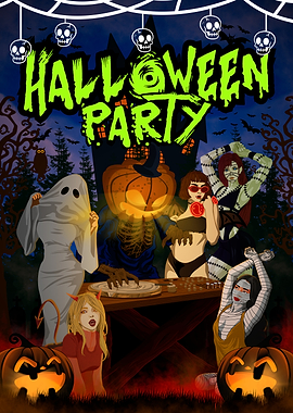 Halloween Party with Monsters and Pumpkins
