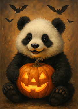 Panda with Halloween Pumpkin and Bats