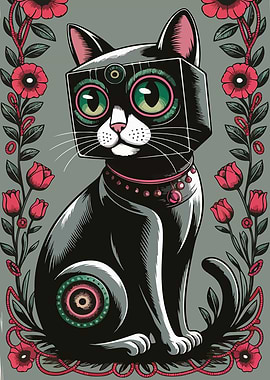 Stylized Black Cat with Floral Frame