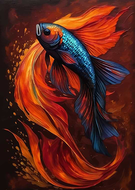 Elegant Blue Orange Betta Fish Painting
