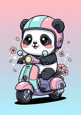 Japanese Aesthetes – Kawaii Panda on Motorbike with Cherry Blossoms