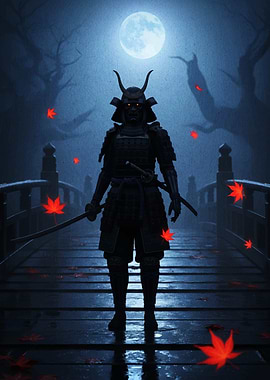 Samurai Warrior on Bridge Under Moonlight